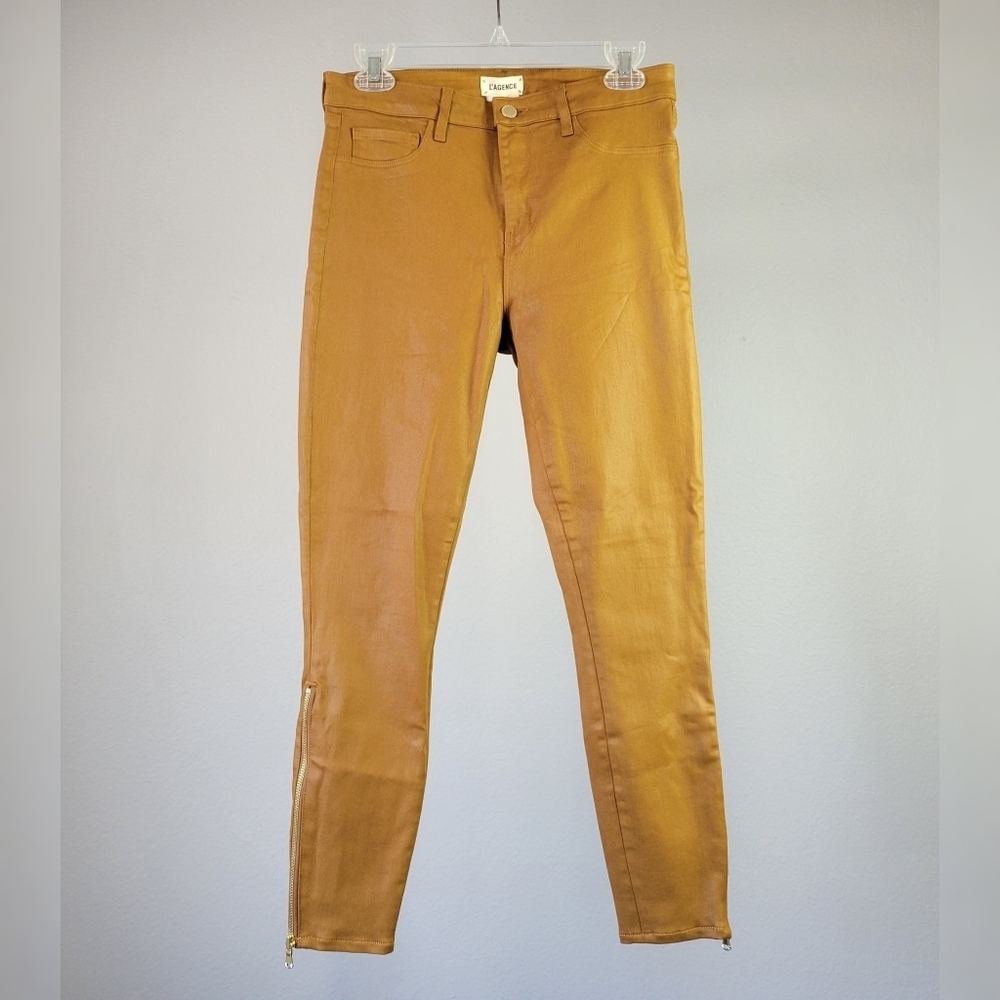 L'AGENCE // sabine zip skinny high rise ankle zipper dark khaki coated jeans - Picture 2 of 16